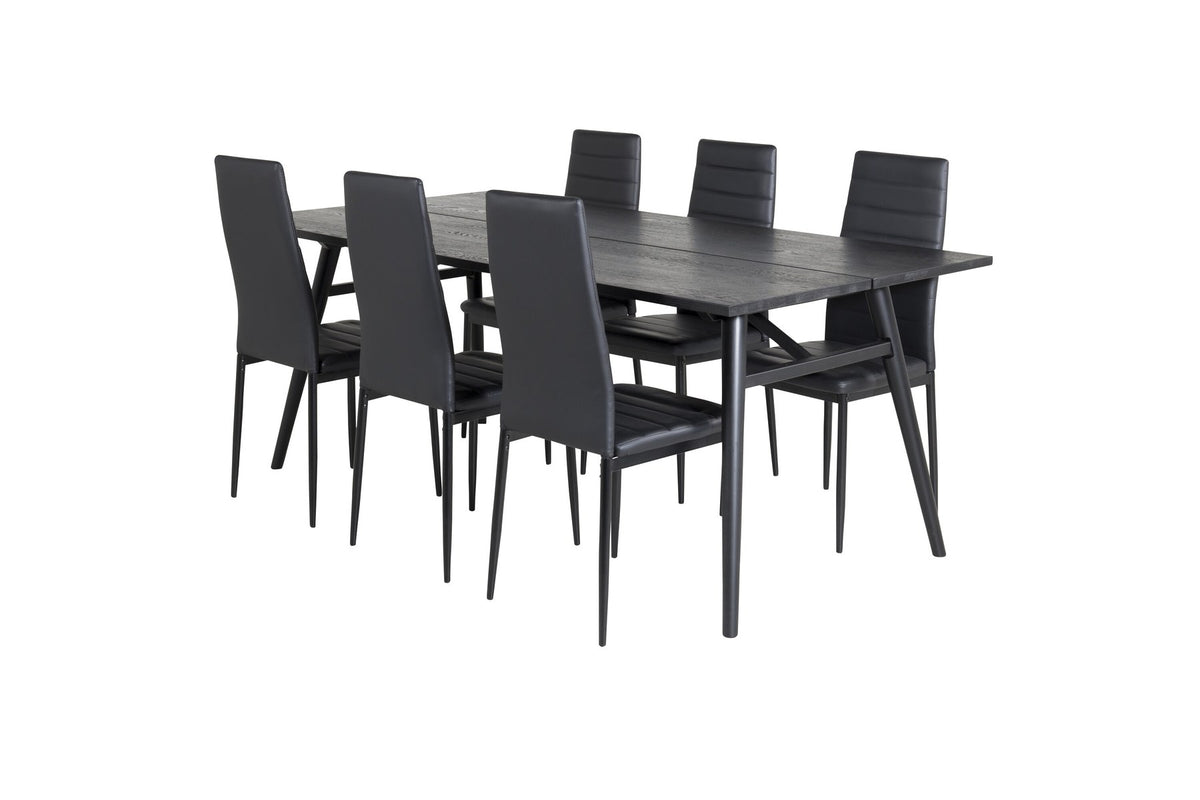 Rechteckiger Esstisch mit schwarzer Eichenplatte und Stahlbeinen, dazu zwei Stühle mit schwarz pulverbeschichtetem Gestell, Esszimmerset von Venture Home.