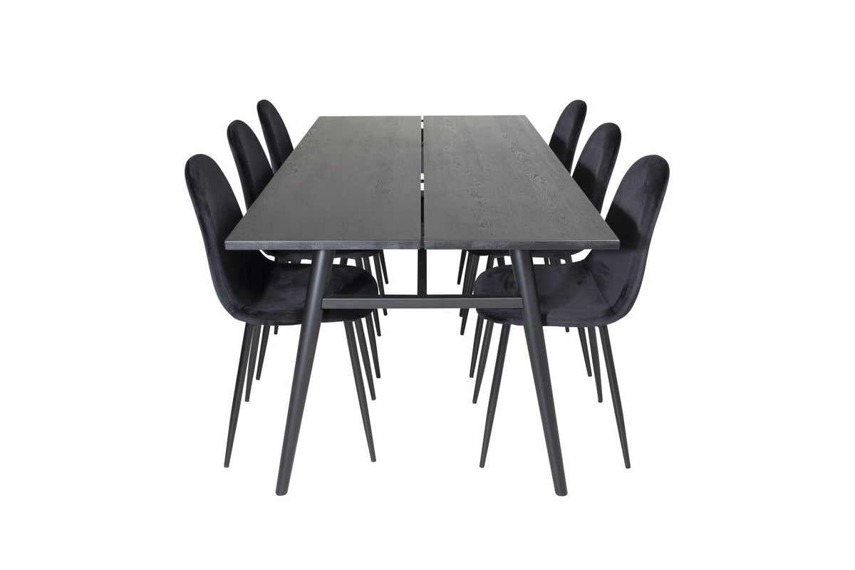 Esszimmerset Sleek & Polar: ausziehbarer Esstisch mit schwarzer Eichenplatte und Stahlbeinen, sechs Stühle mit schwarzem Samtbezug und Stahlgestell.