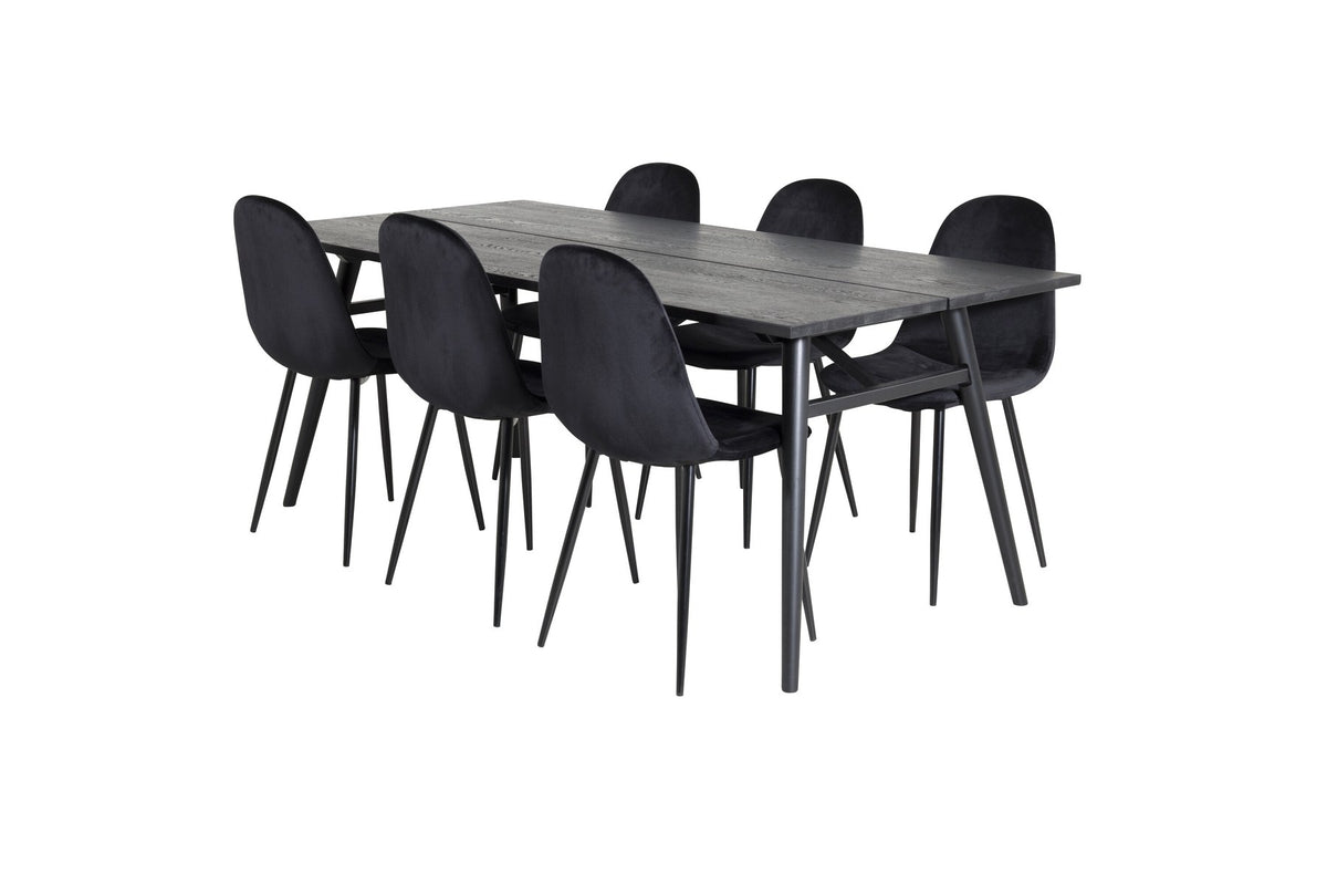 Esszimmerset Sleek & Polar: ausziehbarer Esstisch mit schwarzer Eichenplatte und Stahlbeinen, sechs Stühle mit schwarzem Samtbezug und Stahlgestell.