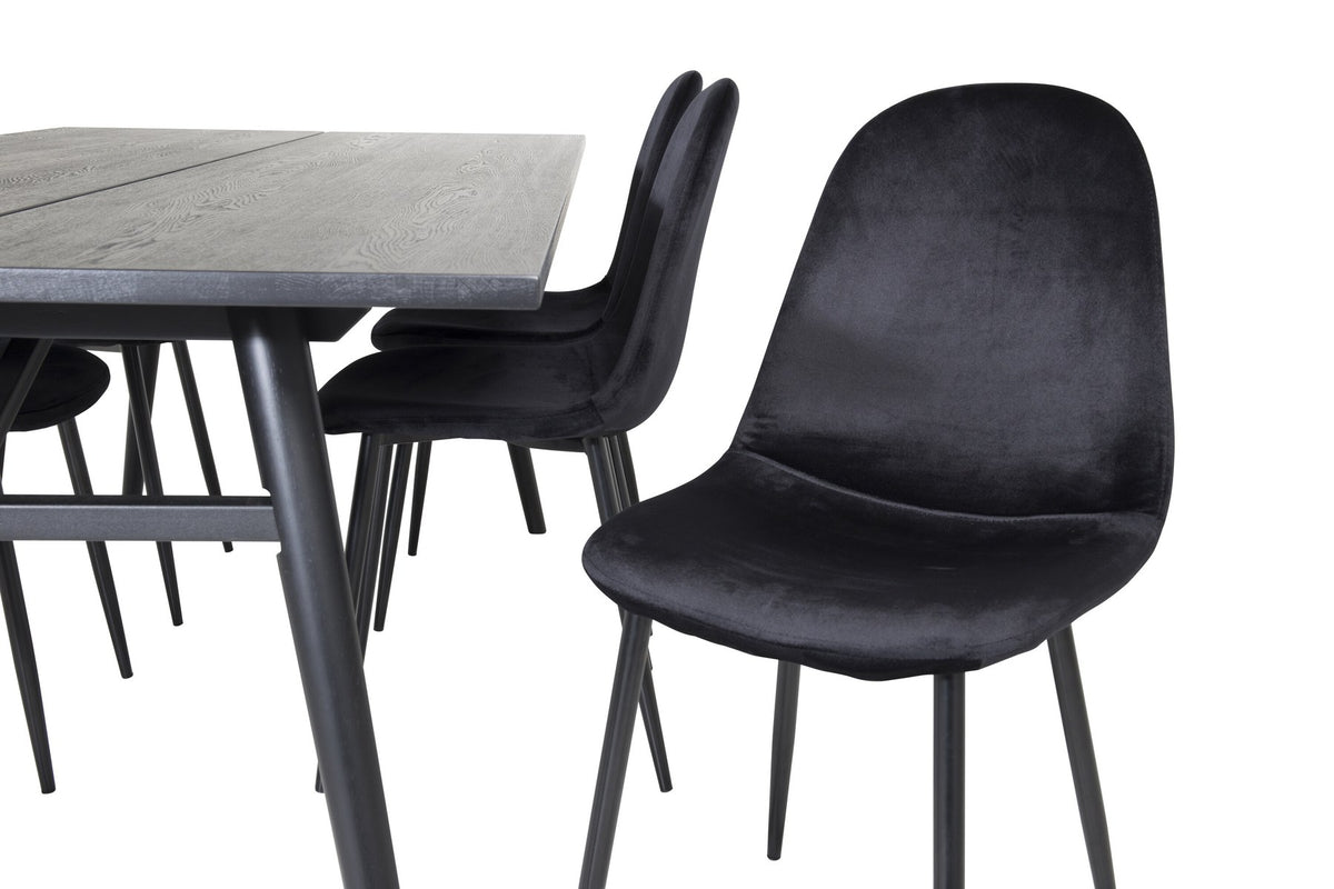 Esszimmerset Sleek & Polar: ausziehbarer Esstisch mit schwarzer Eichenplatte und Stahlbeinen, sechs Stühle mit schwarzem Samtbezug und Stahlgestell.