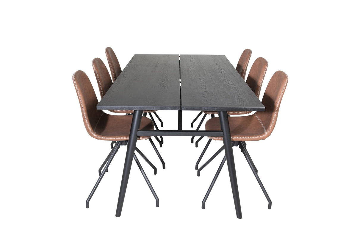 Esszimmerset Sleek & Polar: ausziehbarer Esstisch mit schwarzer Eichenplatte und Stahlbeinen, sechs Stühle mit schwarzem Samtbezug und Stahlgestell.