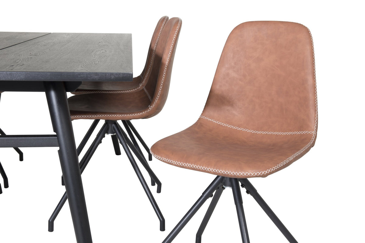 Esszimmerset Sleek & Polar: ausziehbarer Esstisch mit schwarzer Eichenplatte und Stahlbeinen, sechs Stühle mit schwarzem Samtbezug und Stahlgestell.