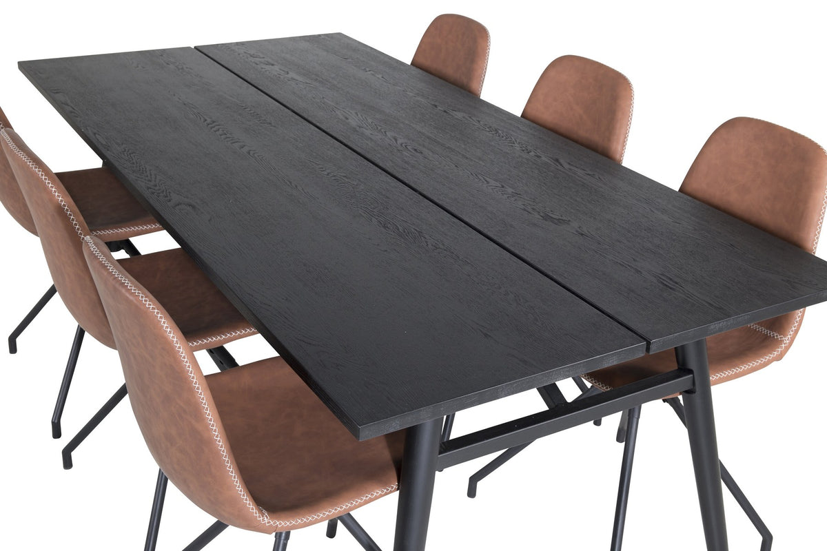 Esszimmerset Sleek & Polar: ausziehbarer Esstisch mit schwarzer Eichenplatte und Stahlbeinen, sechs Stühle mit schwarzem Samtbezug und Stahlgestell.