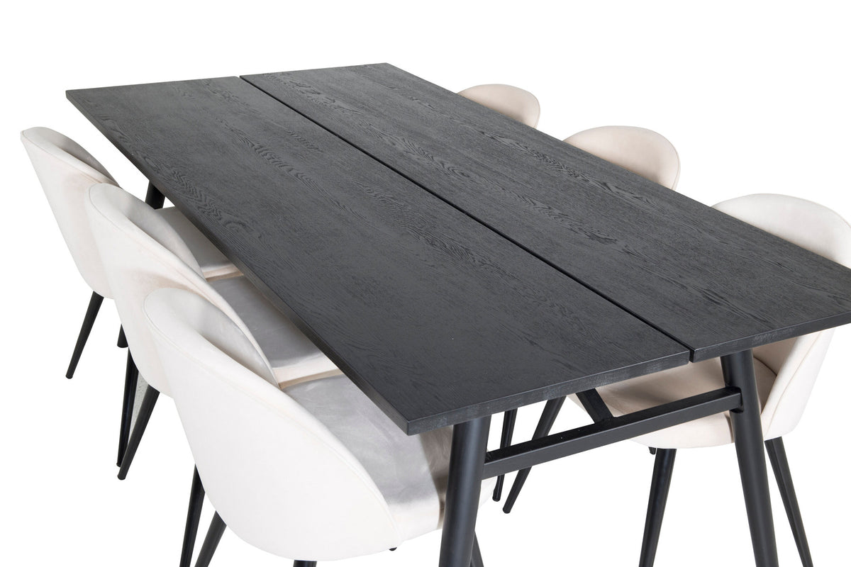 Esszimmerset Sleek & Velvet mit rechteckigem schwarzem Eichentisch und zwei beigen Stühlen