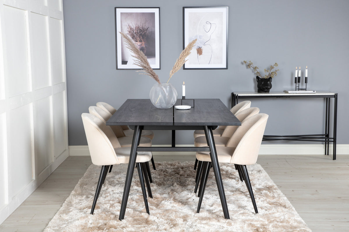 Esszimmerset Sleek & Velvet mit rechteckigem schwarzem Eichentisch und zwei beigen Stühlen