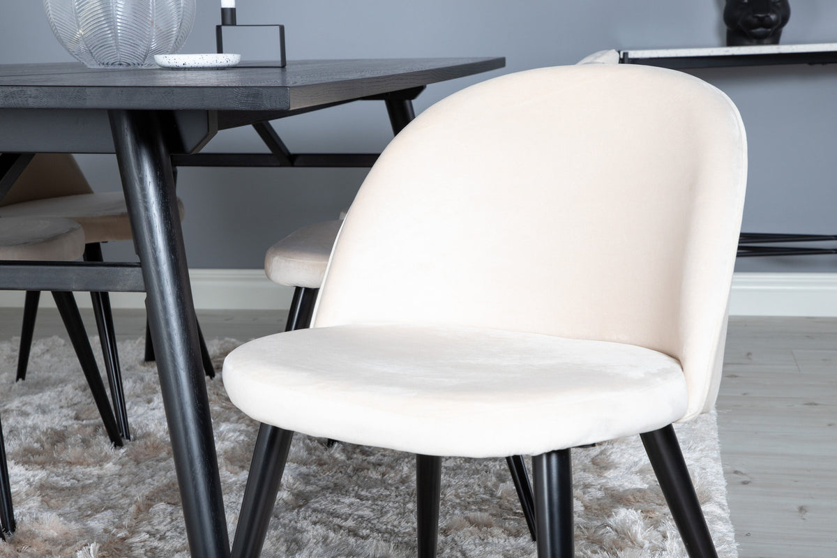 Esszimmerset Sleek & Velvet mit rechteckigem schwarzem Eichentisch und zwei beigen Stühlen