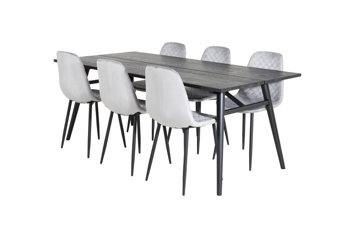 Esszimmerset Sleek & Polar: ausziehbarer Esstisch mit schwarzer Eichenplatte und Stahlbeinen, sechs Stühle mit schwarzem Samtbezug und Stahlgestell.