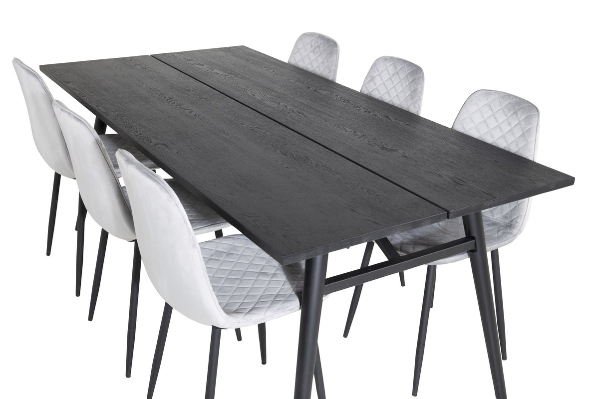 Esszimmerset Sleek & Polar: ausziehbarer Esstisch mit schwarzer Eichenplatte und Stahlbeinen, sechs Stühle mit schwarzem Samtbezug und Stahlgestell.