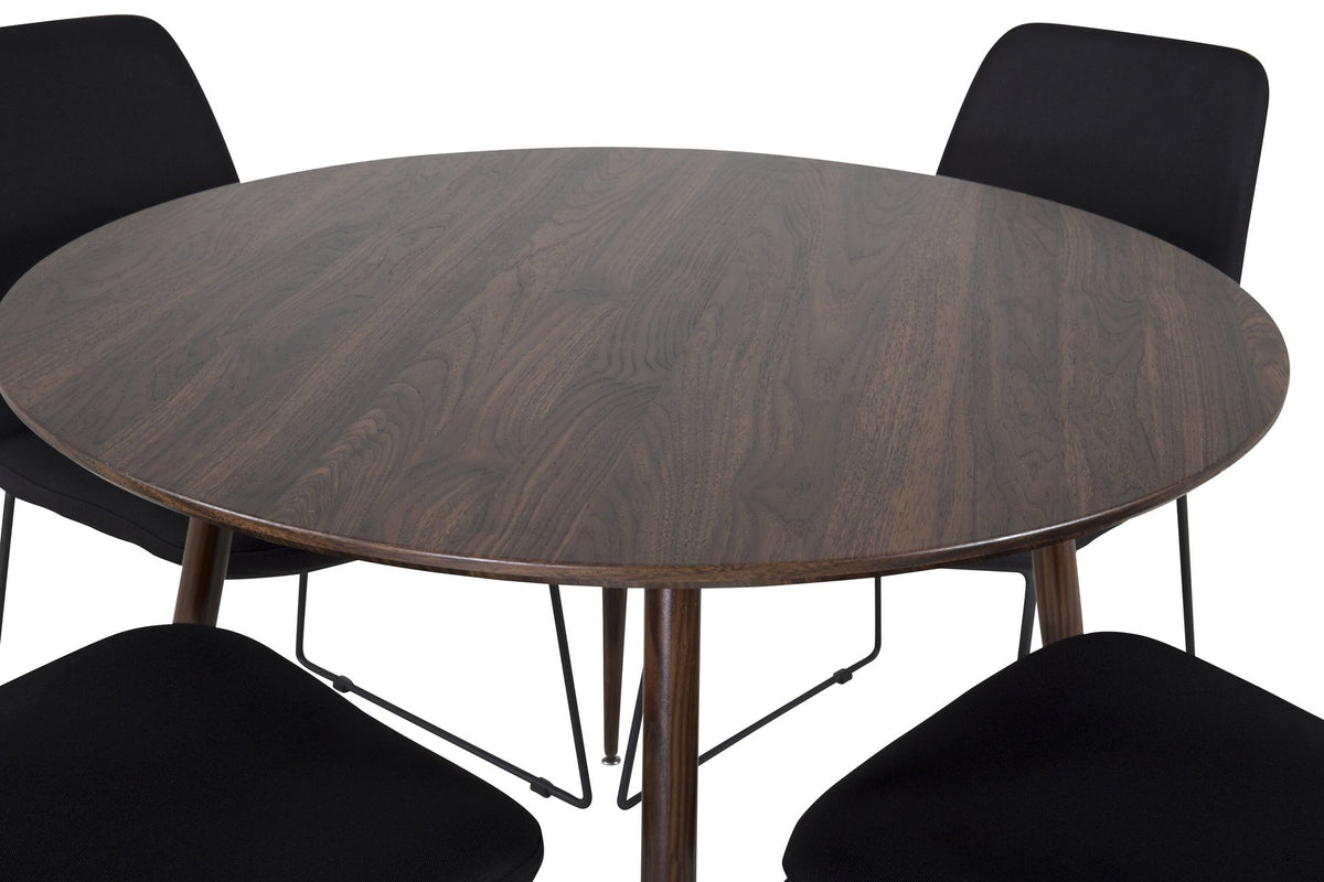 Schwarzes Bartischset Plaza mit Muce Stühlen, Tischplatte aus MDF in Nussbaum, Stahlbeine, gepolsterte Stühle mit Polyesterbezug.