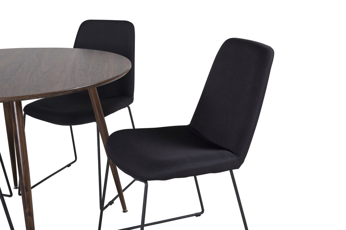 Schwarzes Bartischset Plaza mit Muce Stühlen, Tischplatte aus MDF in Nussbaum, Stahlbeine, gepolsterte Stühle mit Polyesterbezug.