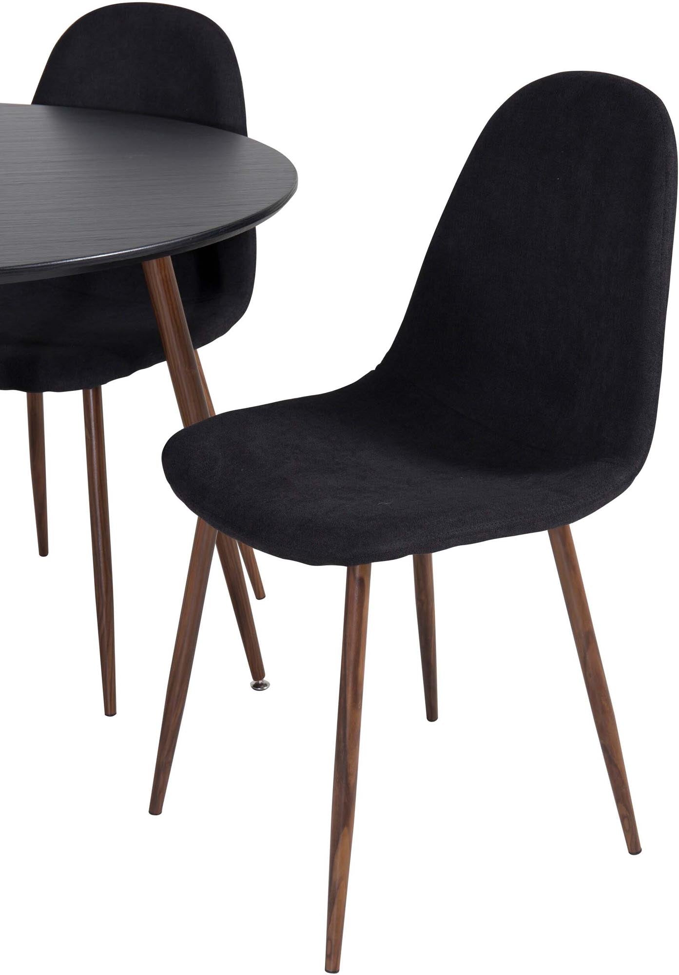 Entdecken Sie das Plaza Esszimmerset + Polar: Eleganter runder Tisch (100 cm) und 4 stilvolle Samtstühle für gemütliche Essrunden.