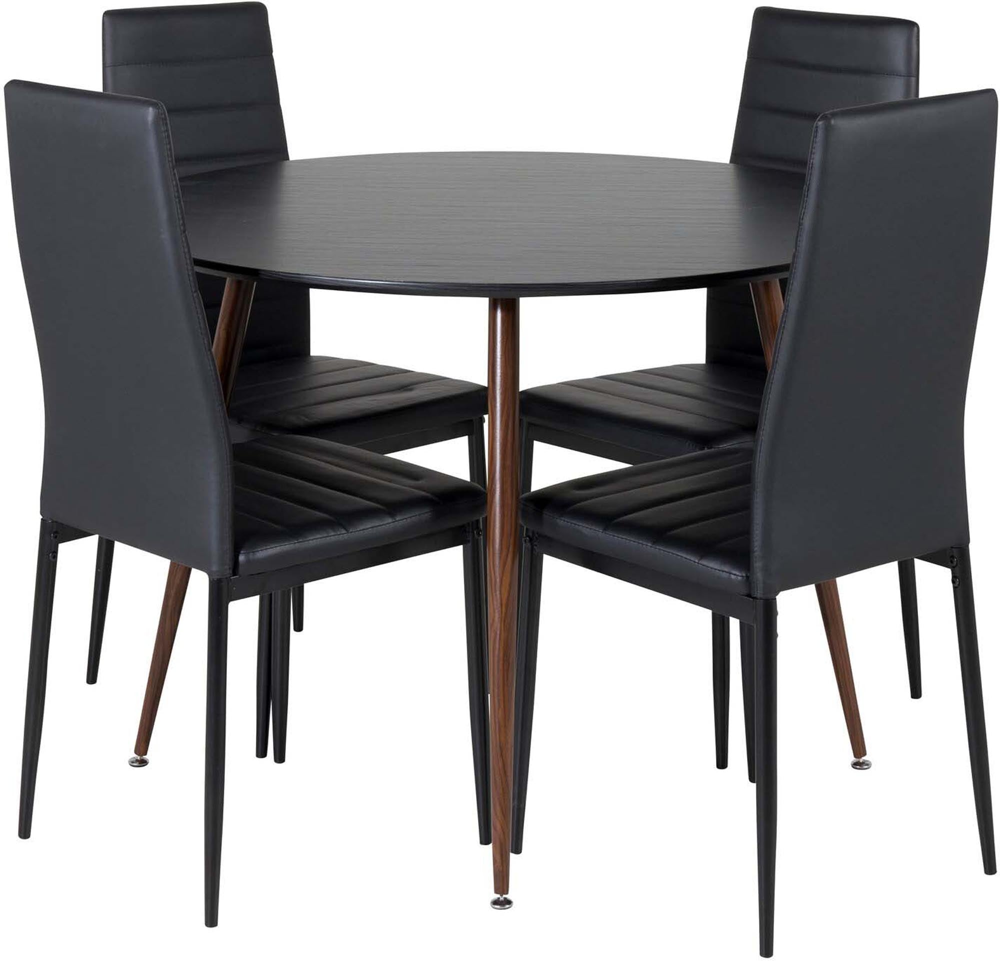 Entdecken Sie das Plaza Esszimmerset + Slim von Venture Home: eleganter runder Tisch ⌀100cm und 4 ergonomische Stühle. Ideal für kleine Essbereiche!