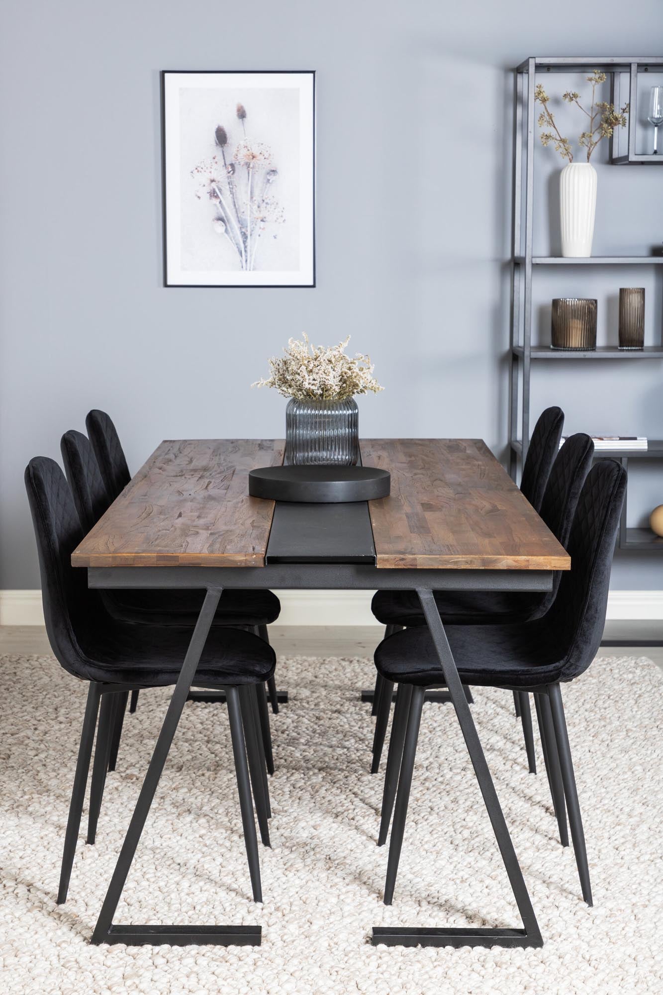 Elegantes Jakarta Esszimmerset: 200 cm Tisch mit 6 luxuriösen Samtstühlen. Perfekt für gesellige Abende und stilvolle Esszimmergestaltung.