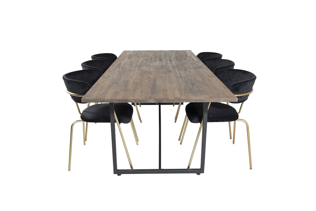 Esszimmerset Padang mit Arrow Stühlen: schwarzer Stahltisch mit Teak-Tischplatte, Stühle mit Messing-Pulverbeschichtung und Polyester-Samt-Bezug.