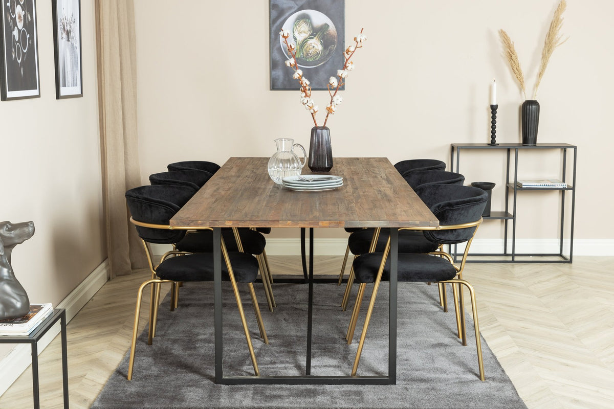 Esszimmerset Padang mit Arrow Stühlen: schwarzer Stahltisch mit Teak-Tischplatte, Stühle mit Messing-Pulverbeschichtung und Polyester-Samt-Bezug.