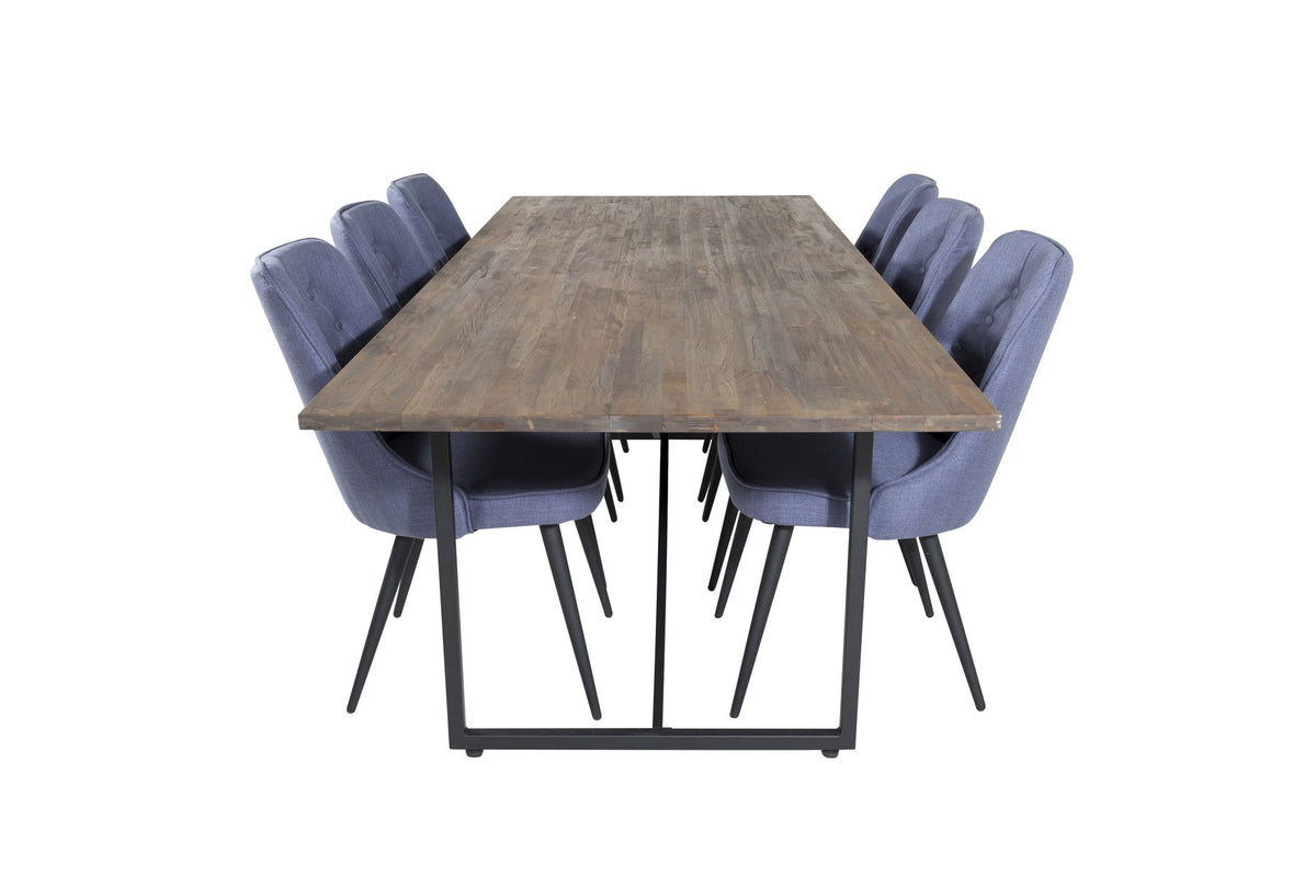 Esszimmerset Padang mit Teak-Esstisch und Velvet Deluxe Stühlen in Blau, Stahlgestell schwarz pulverbeschichtet, Polyesterbezug.