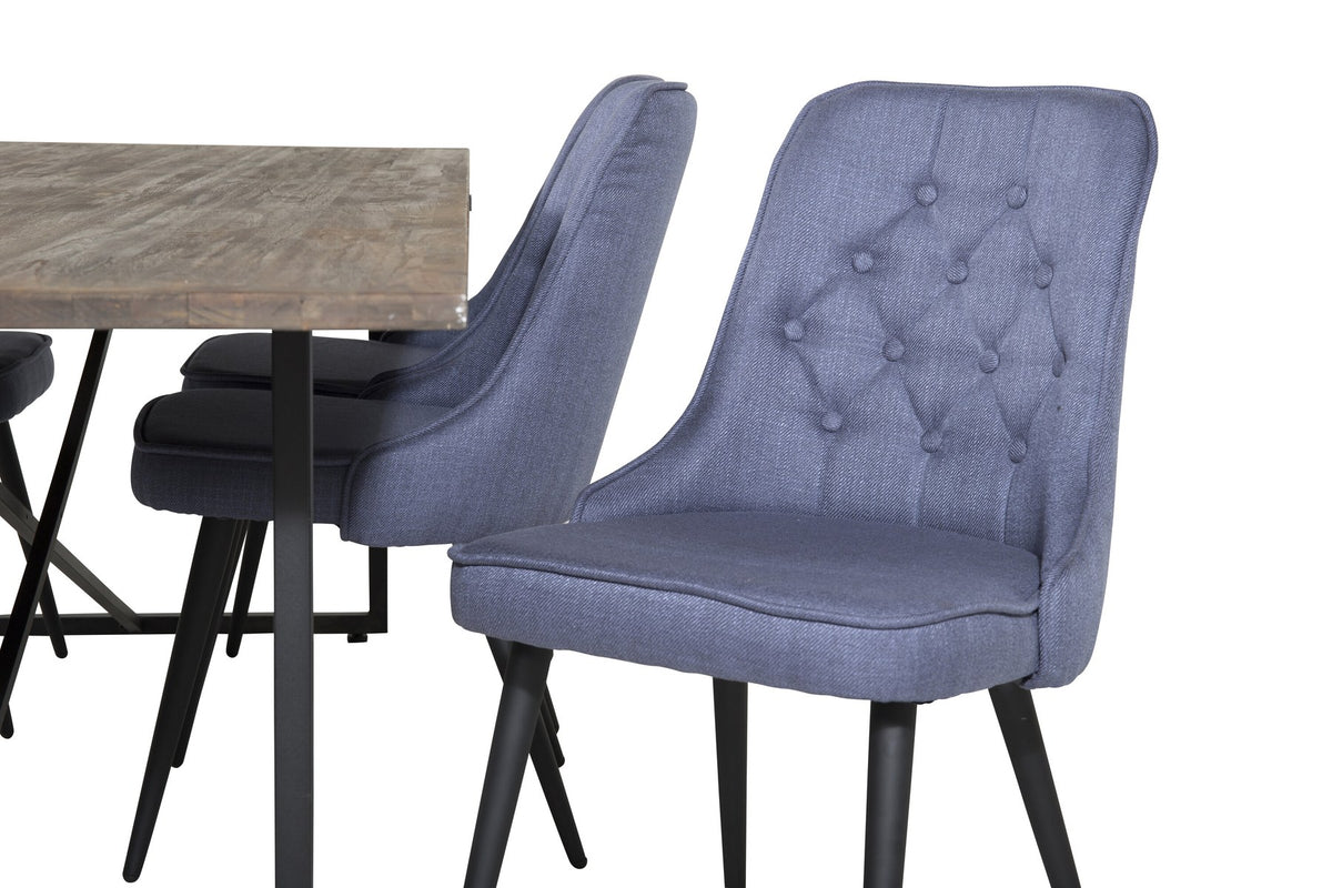 Esszimmerset Padang mit Teak-Esstisch und Velvet Deluxe Stühlen in Blau, Stahlgestell schwarz pulverbeschichtet, Polyesterbezug.