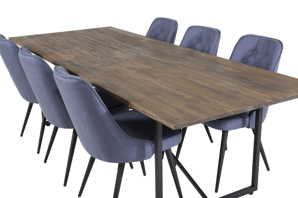 Esszimmerset Padang mit Teak-Esstisch und Velvet Deluxe Stühlen in Blau, Stahlgestell schwarz pulverbeschichtet, Polyesterbezug.