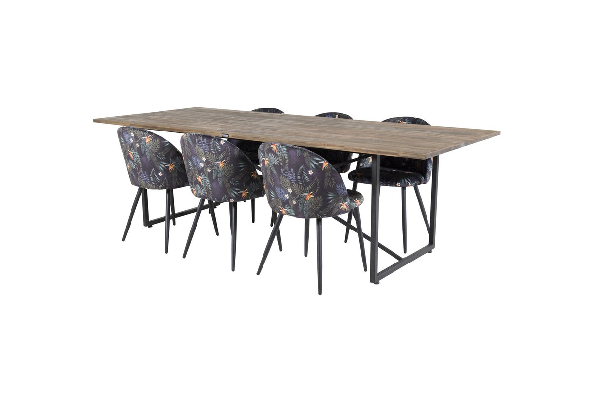 Schwarzes Esszimmerset Padang mit Teak-Tischplatte, Stahlgestell und gepolsterten Velvet-Stühlen mit schwarzem Samtbezug.