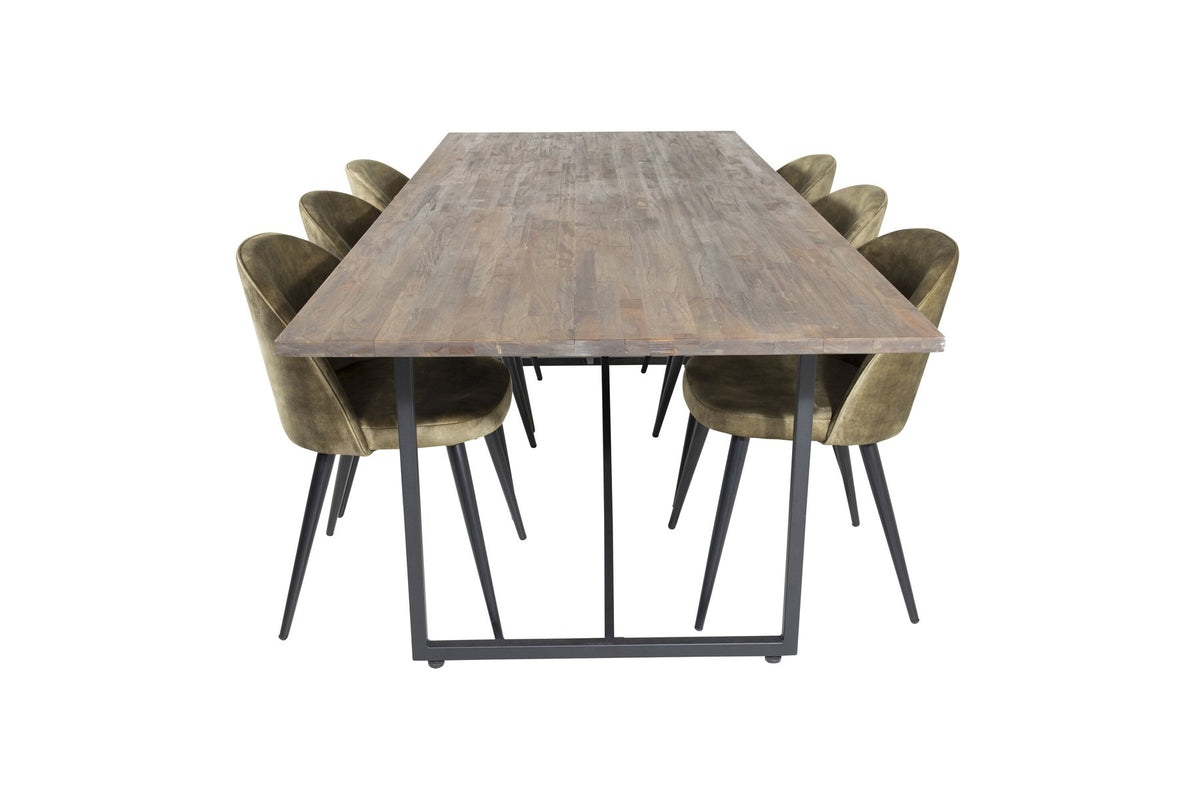 Schwarzes Esszimmerset Padang mit Teak-Tischplatte, Stahlgestell und gepolsterten Velvet-Stühlen mit schwarzem Samtbezug.