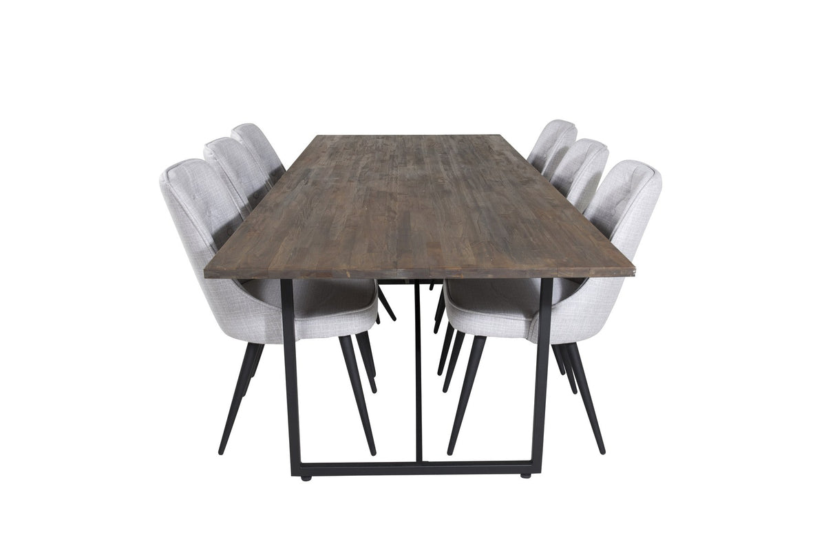 Esszimmerset Padang mit Teak-Esstisch und Velvet Deluxe Stühlen in Blau, Stahlgestell schwarz pulverbeschichtet, Polyesterbezug.