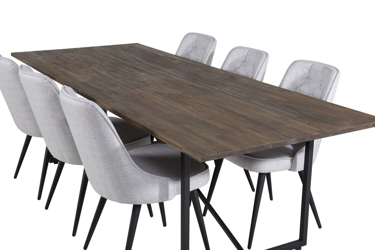 Esszimmerset Padang mit Teak-Esstisch und Velvet Deluxe Stühlen in Blau, Stahlgestell schwarz pulverbeschichtet, Polyesterbezug.