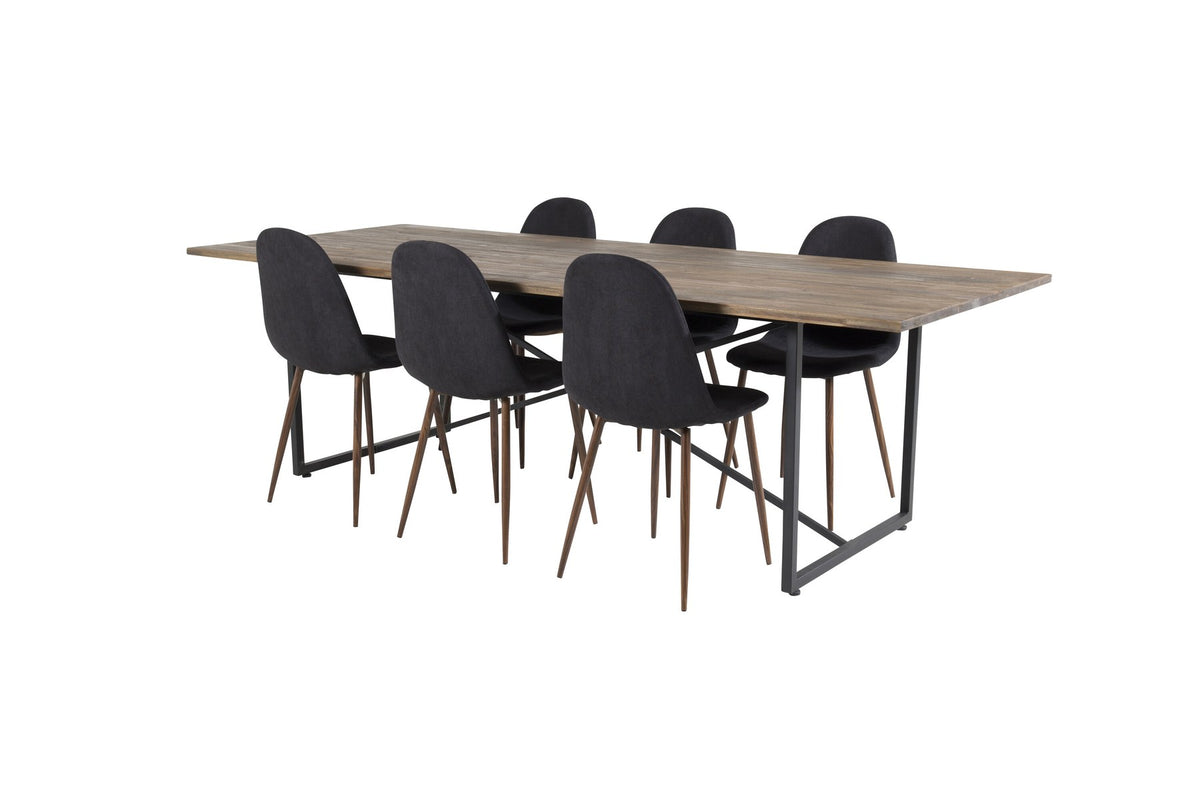Esstisch mit Teak-Tischplatte in Natur und Stahlgestell, dazu Stühle mit schwarzem Stahlrahmen und grauem Polyester-Samt-Bezug.