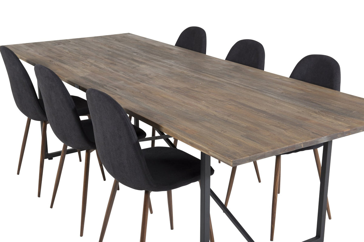 Esstisch mit Teak-Tischplatte in Natur und Stahlgestell, dazu Stühle mit schwarzem Stahlrahmen und grauem Polyester-Samt-Bezug.