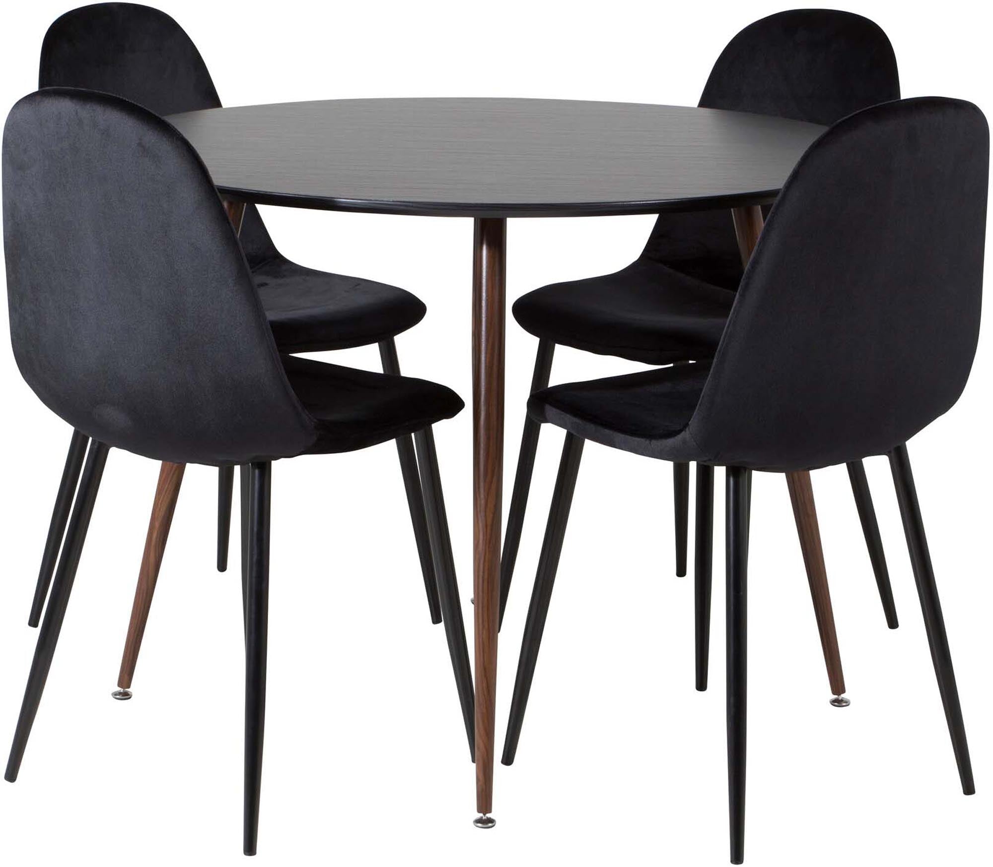 Entdecken Sie das Plaza Esszimmerset + Polar von Venture Home: eleganter runder Esstisch ⌀100cm und stilvolle Samtstühle für Ihr Esszimmer.