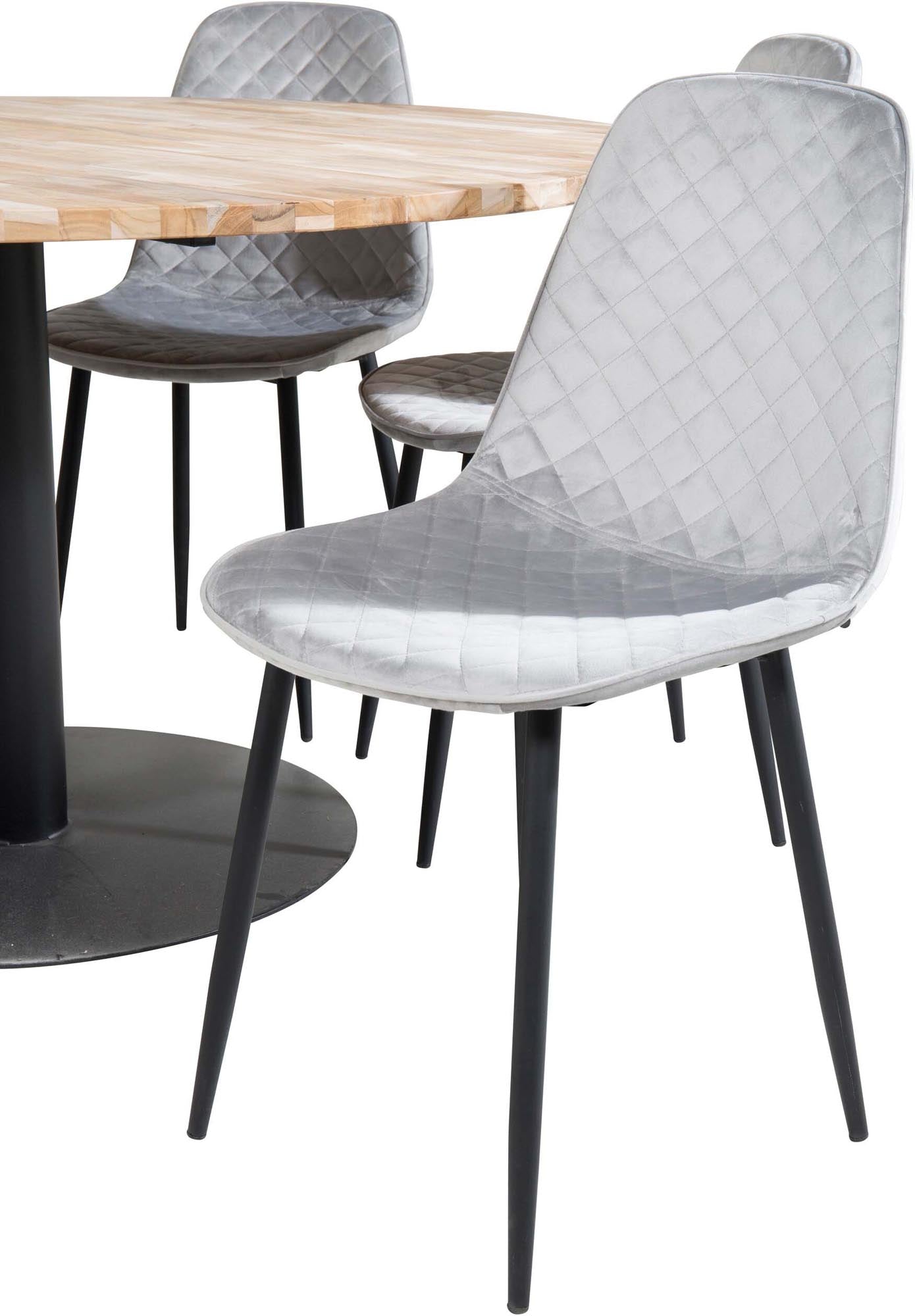 Elegantes Cirebon Esszimmerset mit runden Tisch (⌀140cm) und 6 komfortablen Polar Stühlen aus hochwertigem Samt. Ideal für stilvolle Dinner!