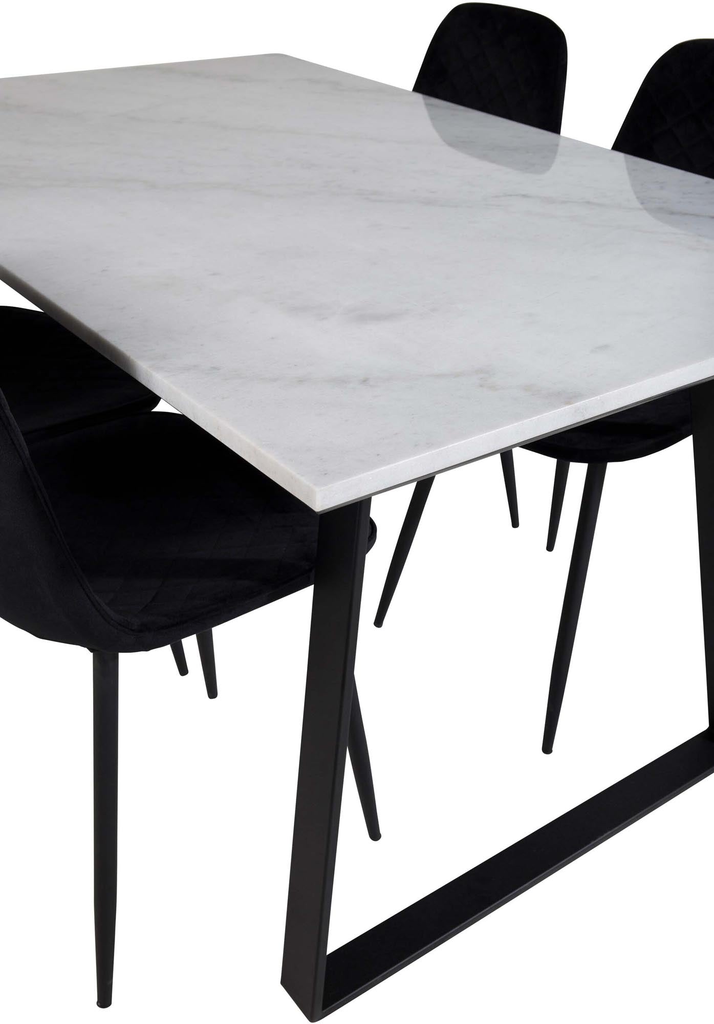 Entdecken Sie das Estelle Esszimmerset + Polar: Moderner Esstisch und bequeme Samtstühle für einladende Dinnerabende.