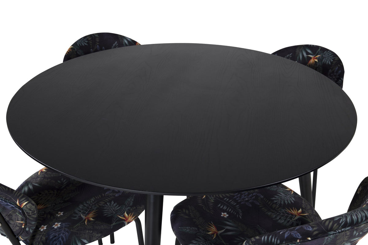 Schwarzes Esszimmerset Dipp mit Vault Stühlen: Tisch mit MDF-Furnierplatte und Stahlbeinen, Stühle mit Polsterbezug und Stahlgestell.