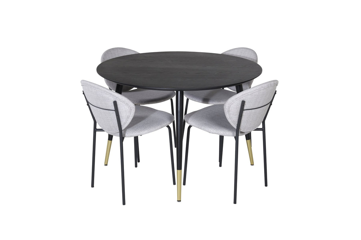 Schwarzes Esszimmerset Dipp mit Vault Stühlen: Tisch mit MDF-Furnierplatte und Stahlbeinen, Stühle mit Polsterbezug und Stahlgestell.