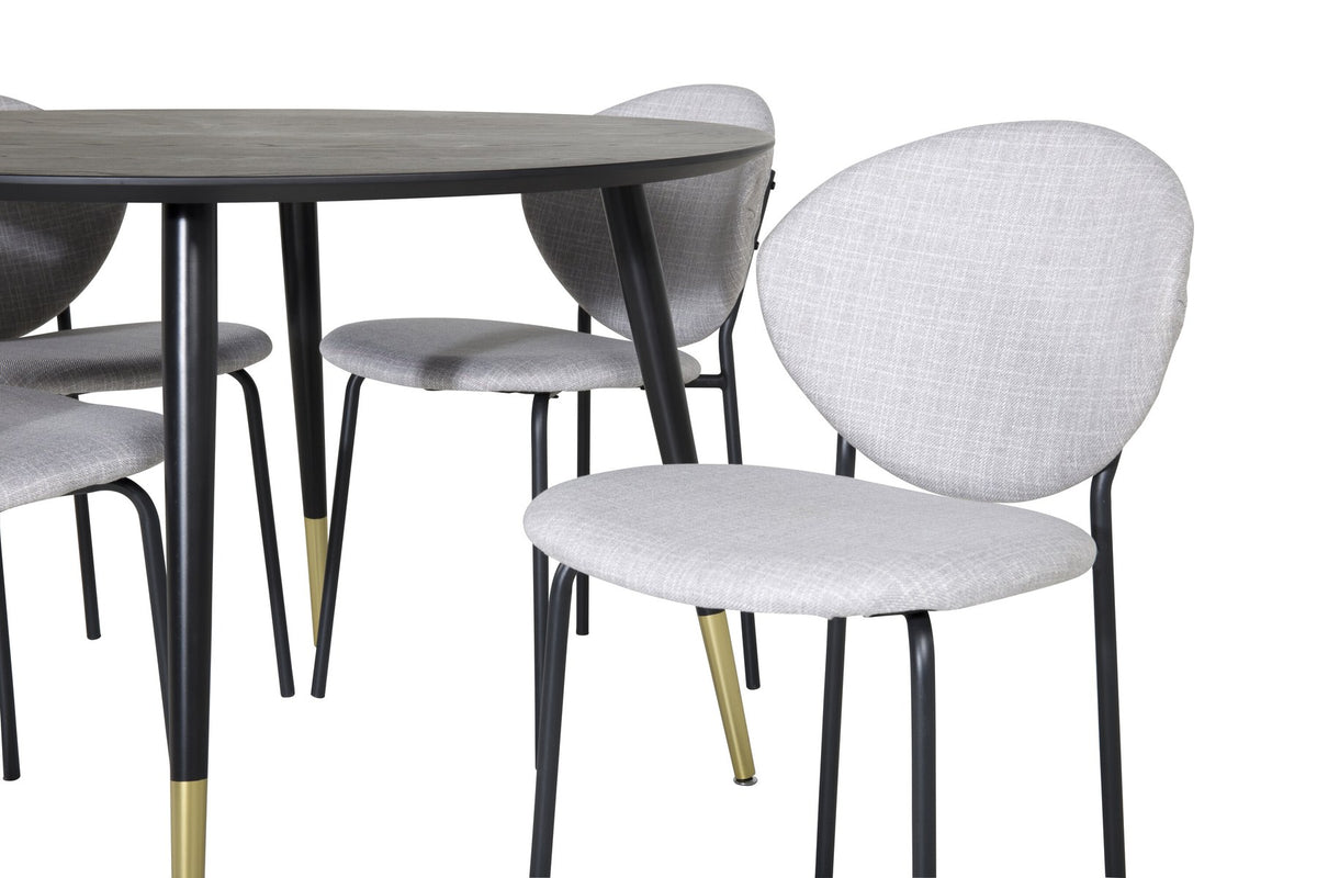 Schwarzes Esszimmerset Dipp mit Vault Stühlen: Tisch mit MDF-Furnierplatte und Stahlbeinen, Stühle mit Polsterbezug und Stahlgestell.