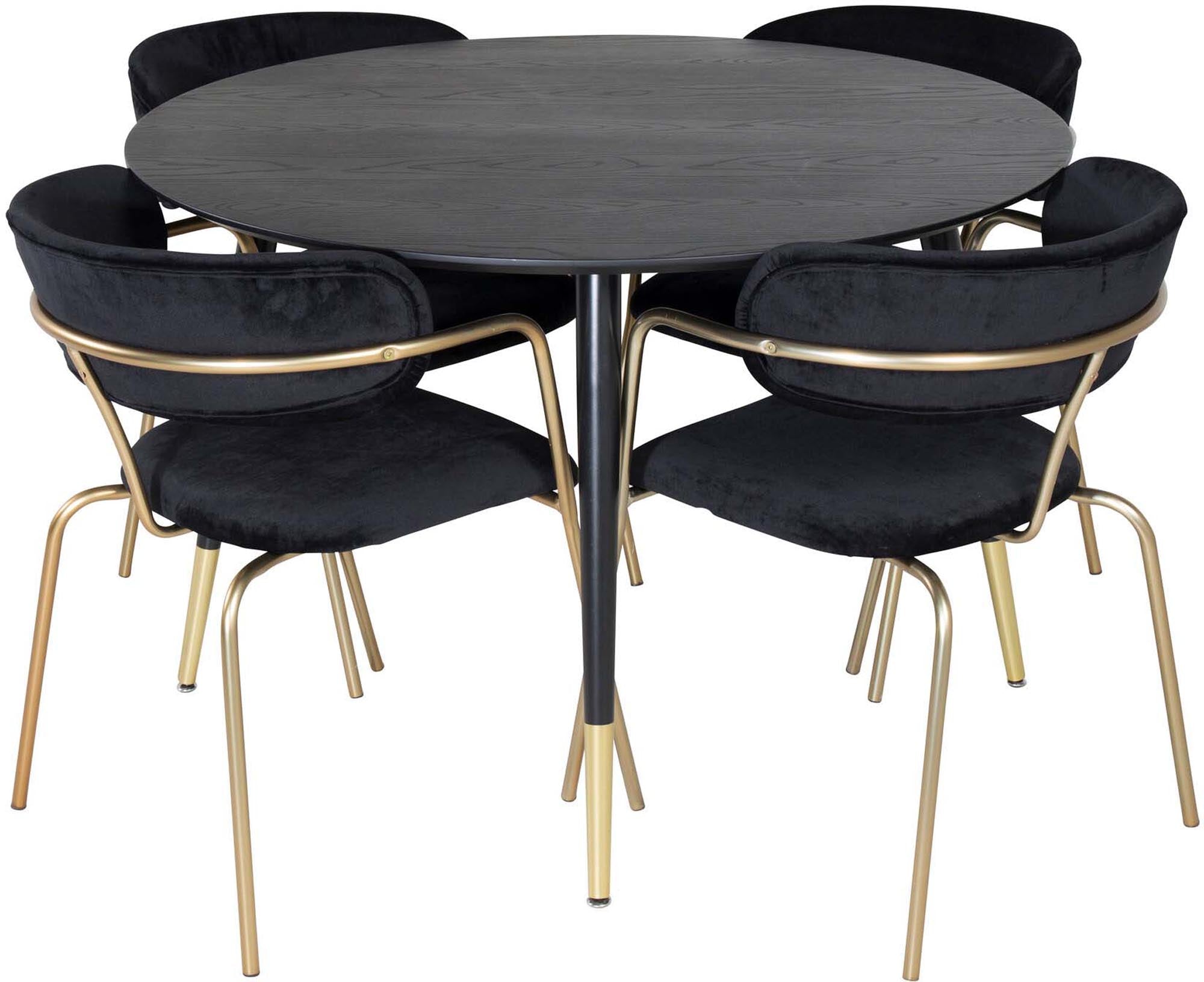 Entdecken Sie das Dipp Esszimmerset + Arrow von Venture Home: Ein runder Tisch und luxuriöse Samtstühle für gesellige Momente und stilvolles Ambiente.