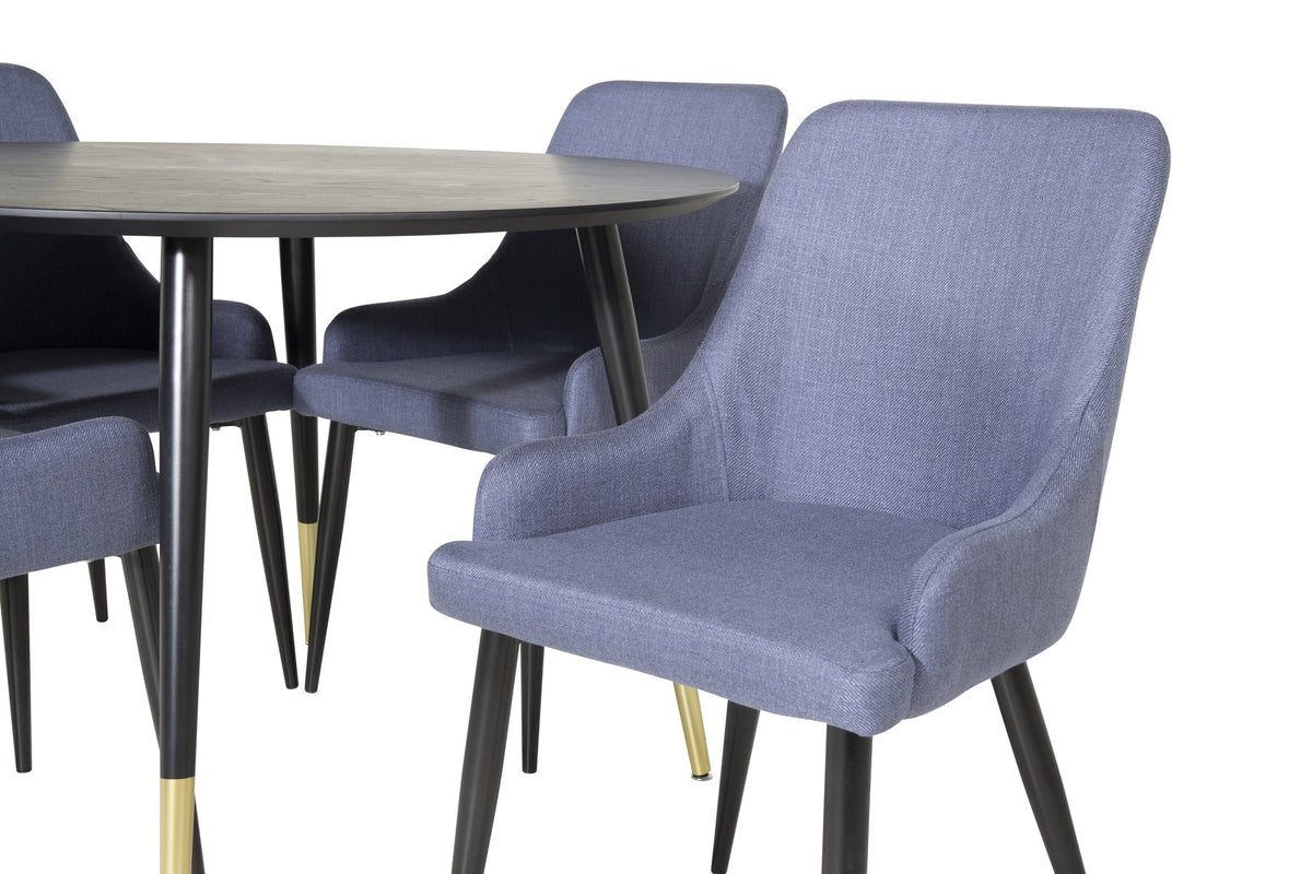 Rundes Esszimmerset von Venture Home: schwarzer MDF-Tisch mit Stahlbeinen und zwei blaue Stühle mit schwarzem Stahlgestell.