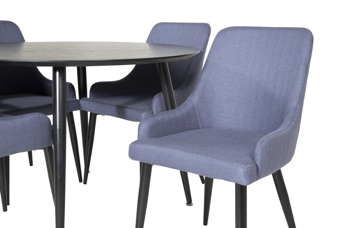 Rundes Esszimmerset von Venture Home: schwarzer MDF-Tisch mit Stahlbeinen und zwei blaue Stühle mit schwarzem Stahlgestell.