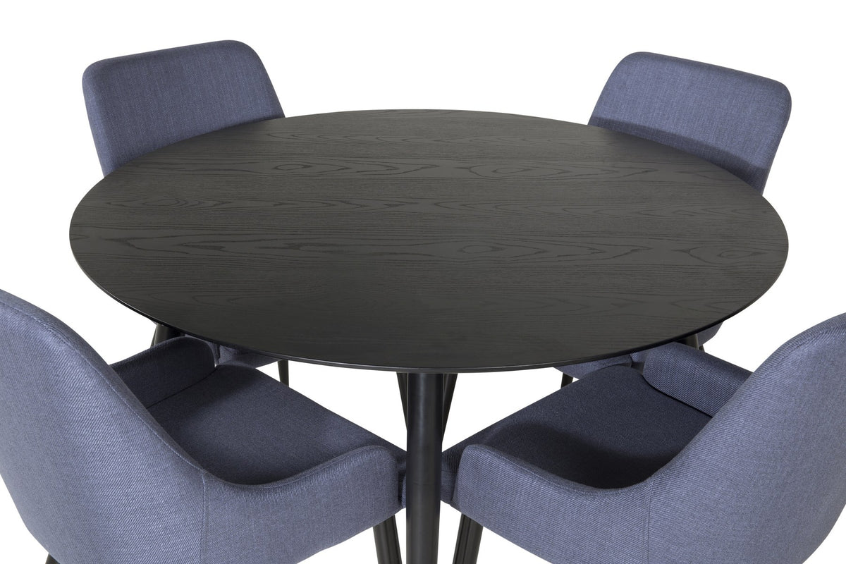 Rundes Esszimmerset von Venture Home: schwarzer MDF-Tisch mit Stahlbeinen und zwei blaue Stühle mit schwarzem Stahlgestell.