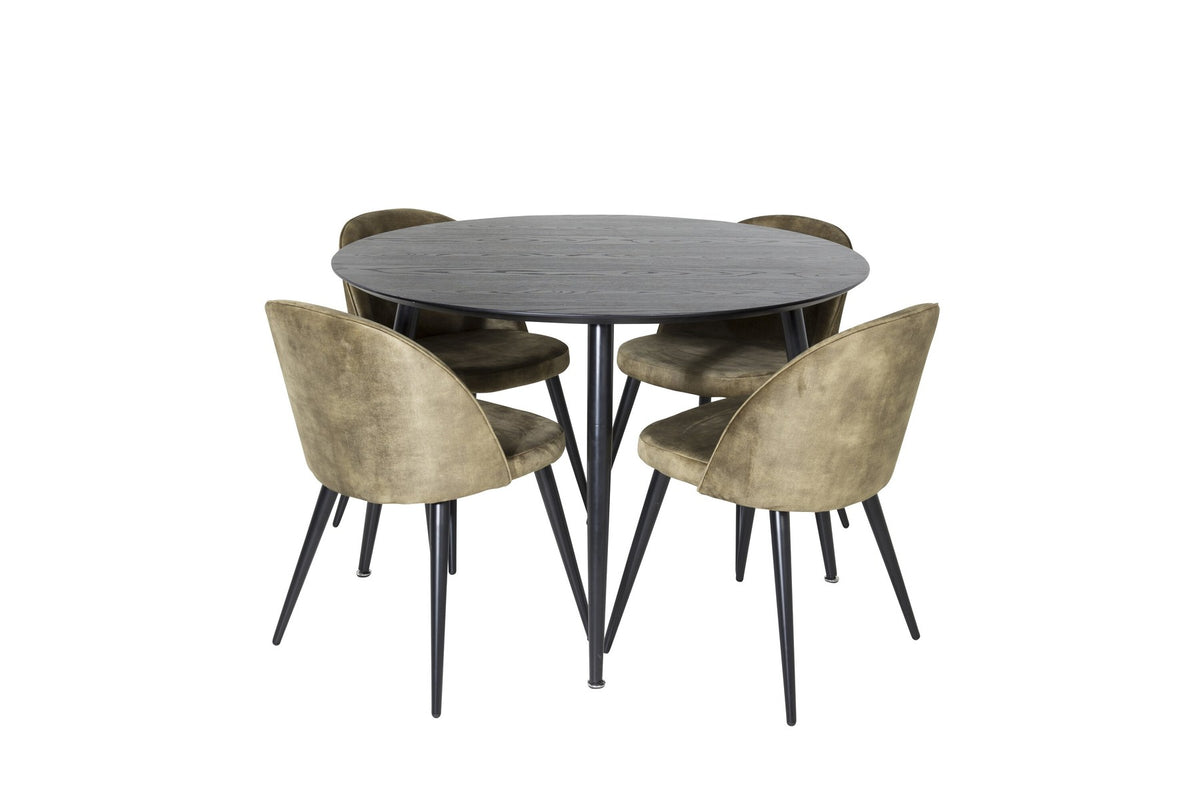 Rundes Dipp Esszimmerset: Esstisch ⌀115 cm mit schwarzem Furnier und schwarzen Beinen, dazu vier Velvet-Stühle mit schwarz-grauem Mikrofaserbezug.
