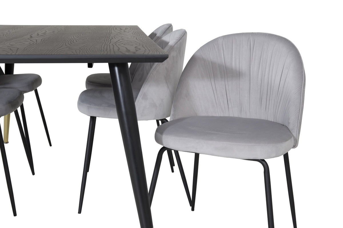 Esszimmerset mit rechteckigem Esstisch 180x90 cm, schwarzer MDF-Tischplatte auf Stahlbeinen und zwei grauen Stühlen mit Stahlgestell.