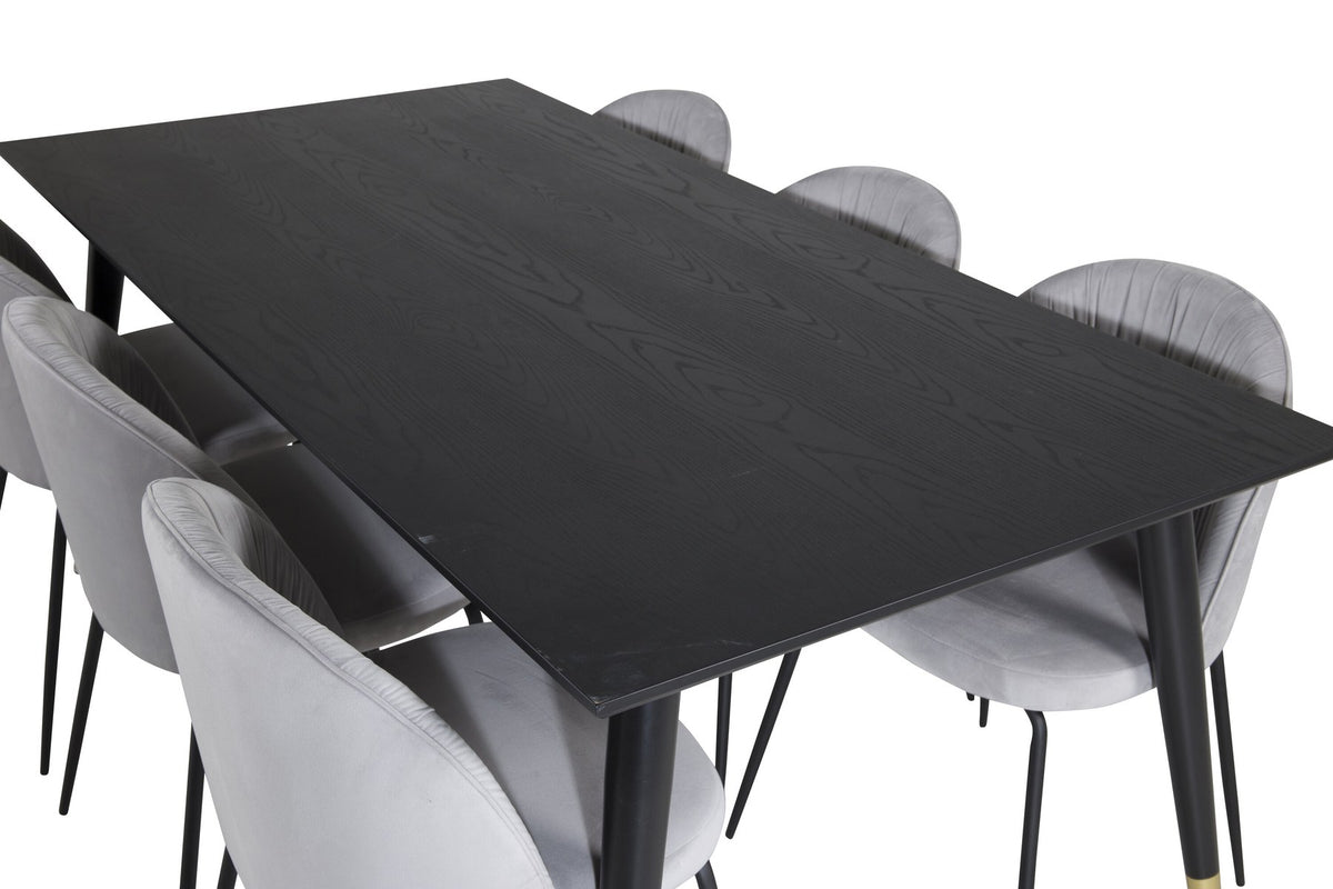 Esszimmerset mit rechteckigem Esstisch 180x90 cm, schwarzer MDF-Tischplatte auf Stahlbeinen und zwei grauen Stühlen mit Stahlgestell.