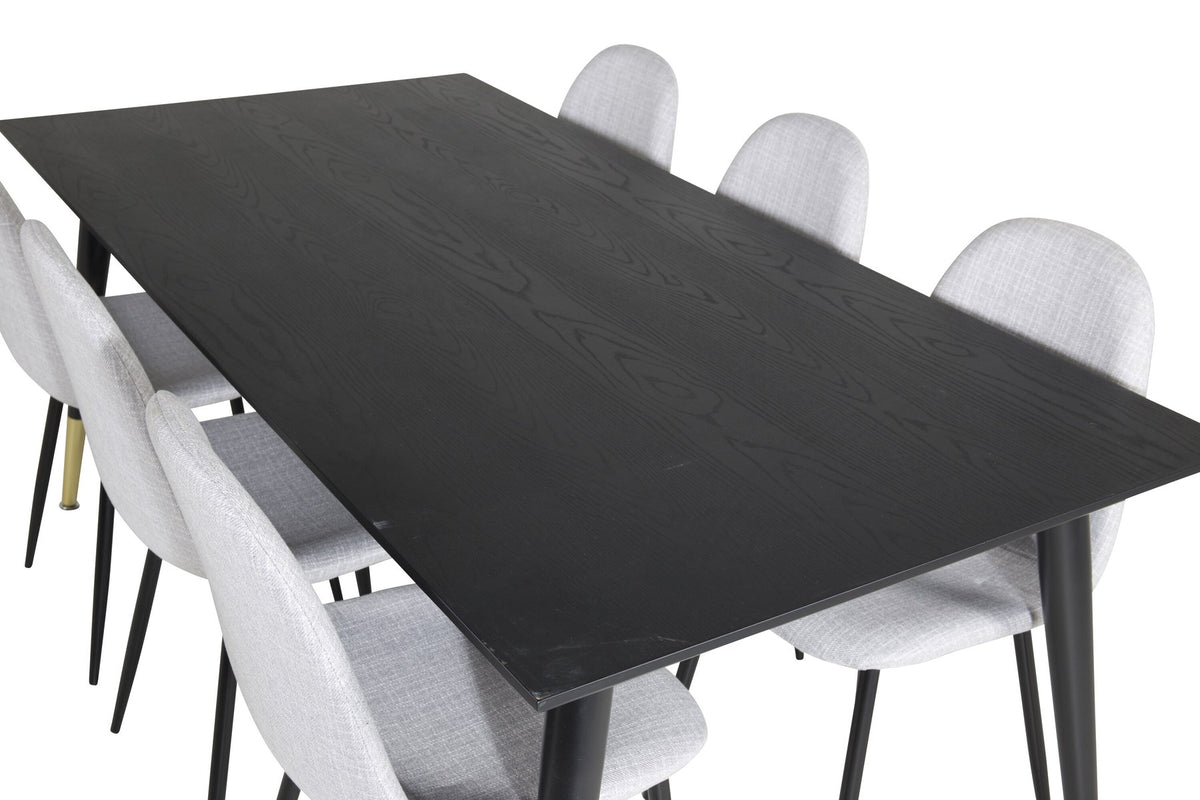 Esszimmerset Dipp mit schwarzem Esstisch aus MDF und Stahl, 180x90 cm, sowie 6 Polar-Stühlen mit hellgrauem Stoffbezug und schwarzen Beinen