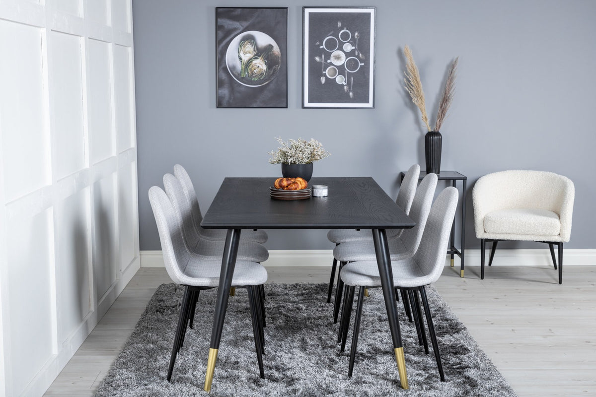 Esszimmerset Dipp mit schwarzem Esstisch aus MDF und Stahl, 180x90 cm, sowie 6 Polar-Stühlen mit hellgrauem Stoffbezug und schwarzen Beinen