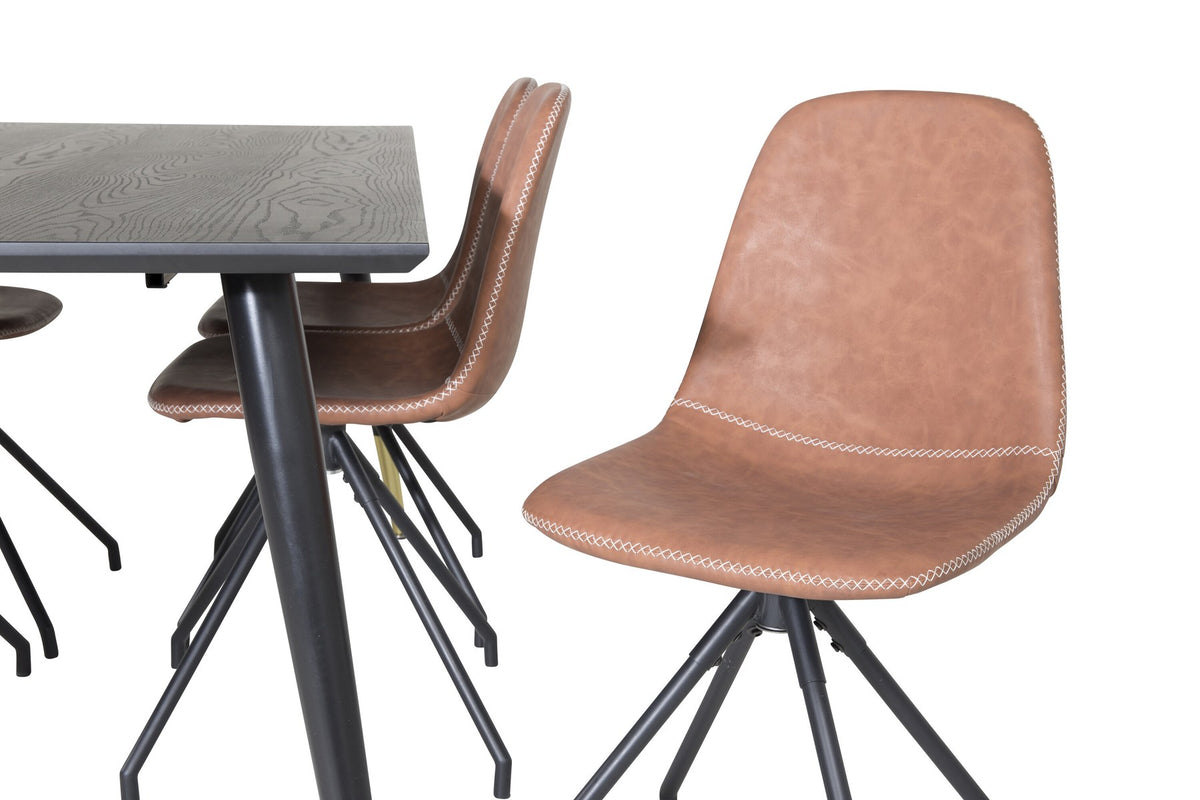 Esszimmerset Dipp mit schwarzem Esstisch aus MDF und Stahl, 180x90 cm, sowie 6 Polar-Stühlen mit hellgrauem Stoffbezug und schwarzen Beinen