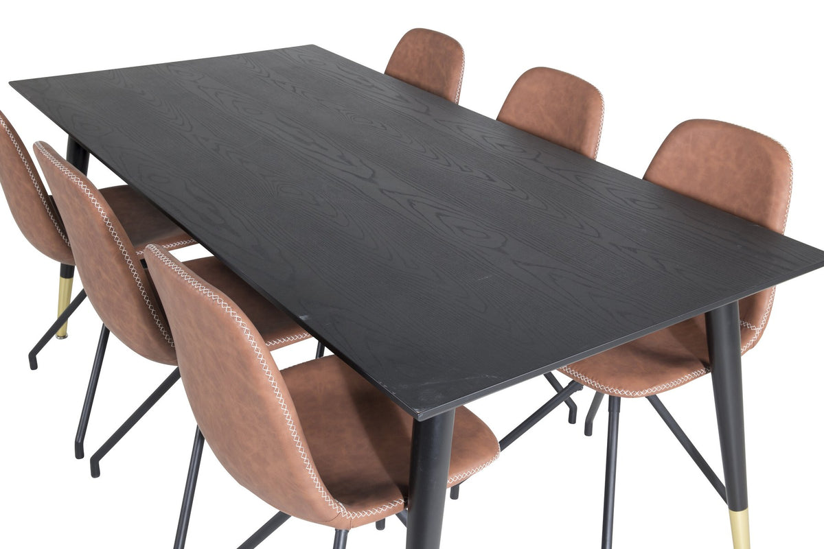 Esszimmerset Dipp mit schwarzem Esstisch aus MDF und Stahl, 180x90 cm, sowie 6 Polar-Stühlen mit hellgrauem Stoffbezug und schwarzen Beinen