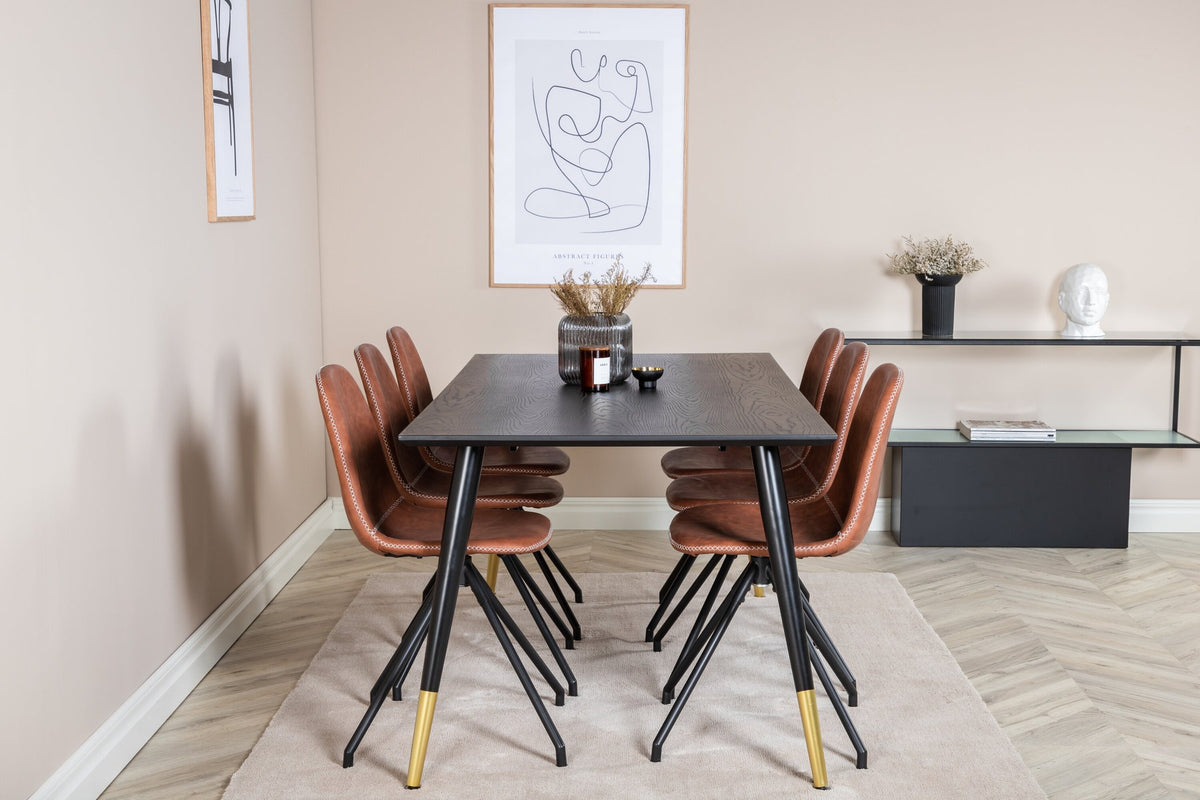 Esszimmerset Dipp mit schwarzem Esstisch aus MDF und Stahl, 180x90 cm, sowie 6 Polar-Stühlen mit hellgrauem Stoffbezug und schwarzen Beinen
