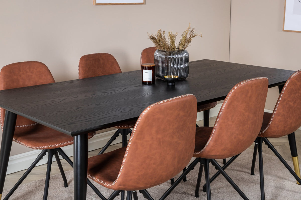 Esszimmerset Dipp mit schwarzem Esstisch aus MDF und Stahl, 180x90 cm, sowie 6 Polar-Stühlen mit hellgrauem Stoffbezug und schwarzen Beinen