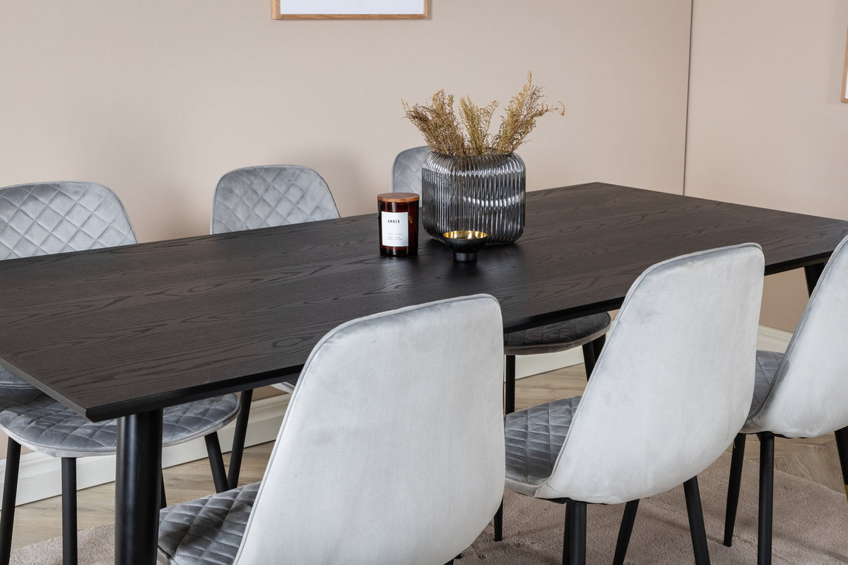 Esszimmerset Dipp mit Esstisch 180x90 cm in Schwarz und sechs Polar Diamond Stühlen mit grauem Samtbezug und schwarzen Beinen