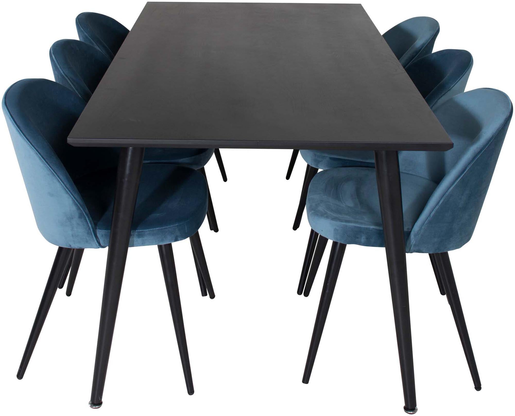 Entdecken Sie das Dipp Esszimmerset von Venture Home: 180 cm Tisch für 6 Personen, kombiniert mit eleganten Samtstühlen für höchsten Komfort.