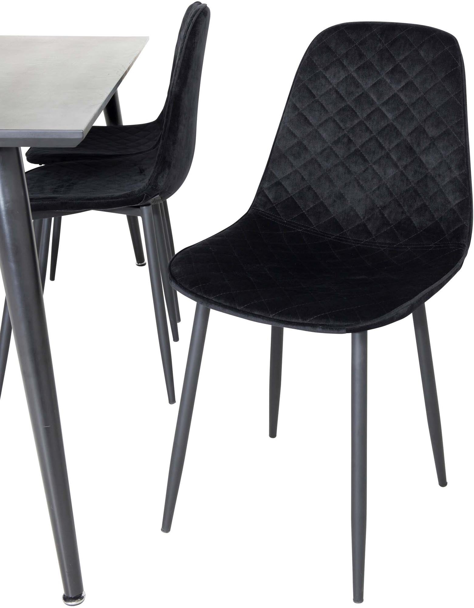 Genießen Sie stilvolles Essen mit dem Dipp Esszimmerset von Venture Home: 180 cm Tisch und 6 luxuriöse Samtstühle für Komfort und Eleganz.